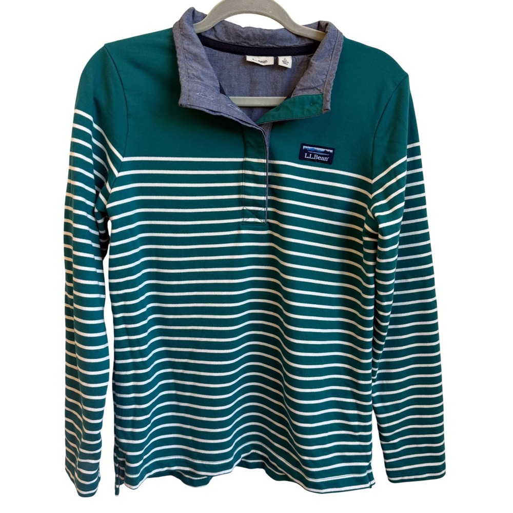L.L.Bean‎ Island Peaks Henley Sweatshirt Womens S Teal White Striped Mockneck